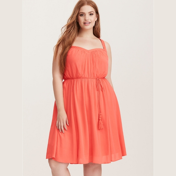 torrid Dresses & Skirts - TORRID Embroidered Gauze Coral Tassel Dress